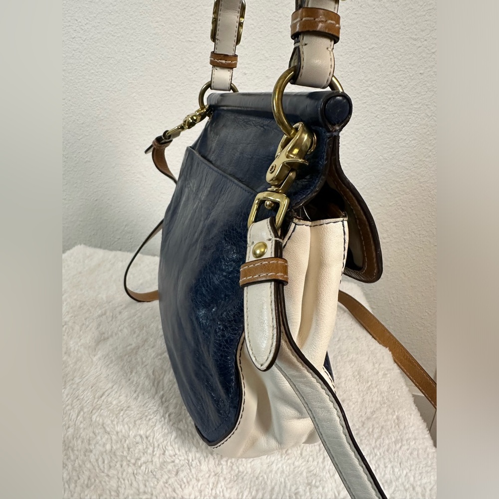 Coach Legacy Satchel Navy Cream Leather Bag Vintage Brass Turnlock Crossbody - Picture 10 of 14